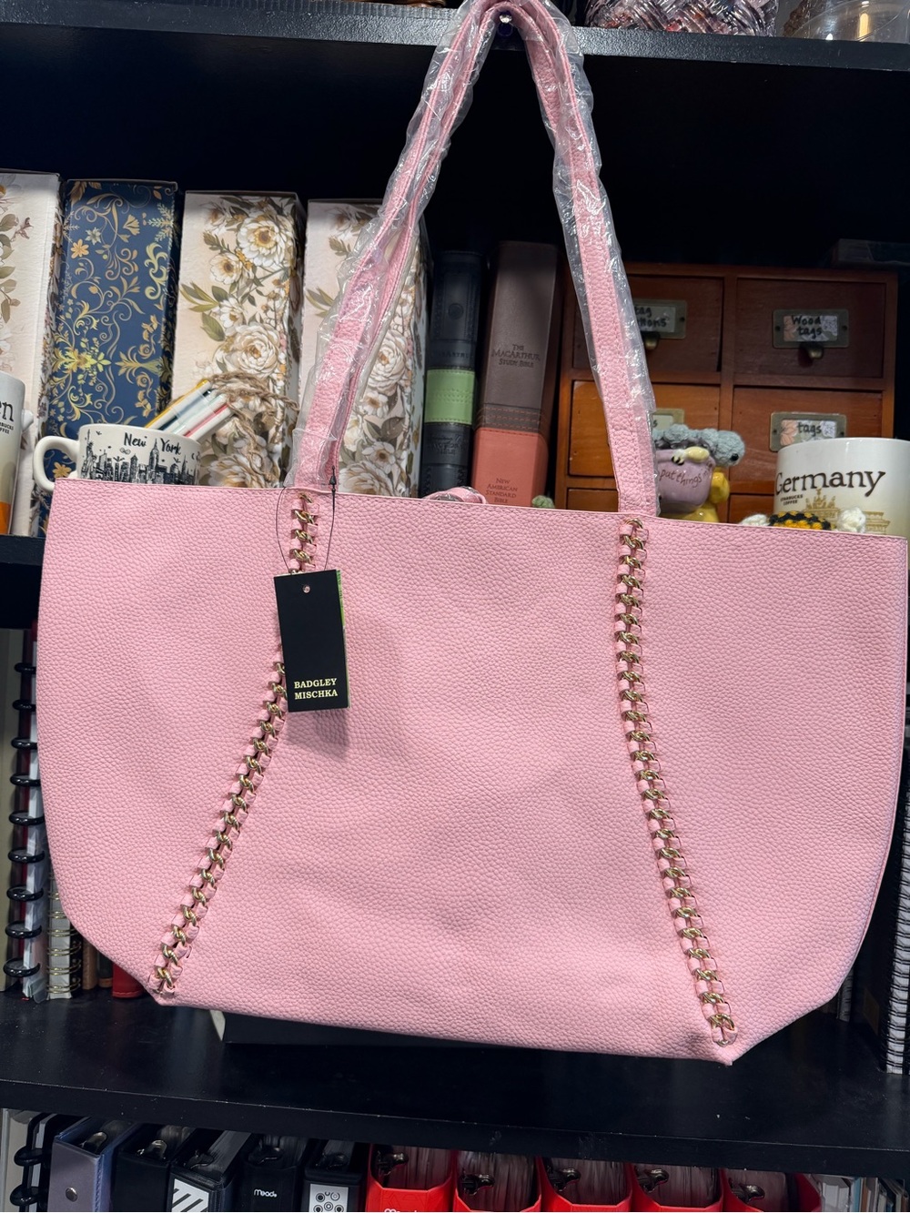 Badgley Mischka Pink Pebbled Leather Tote with Gold Chain Trim